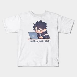 Cute Anime boy using laptop Kids T-Shirt